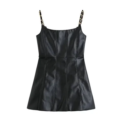 Women's genuine leather dress - Factory Price Wholesale U Neck Sleeveless Short Sexy Black | OurHomly