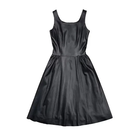 Women's genuine leather dress - New Fashion Lambskin Jumper Skirts Black Midi Dress Luxury | OurHomly