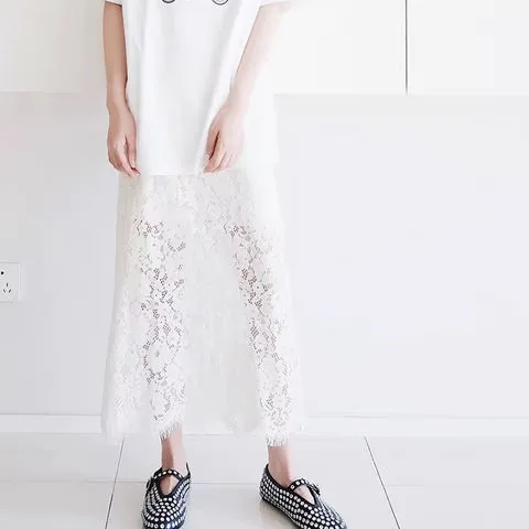 Women's genuine leather dress - Summer Dresses 2025 White Cotton Lace Midi Skirt Elastic W | OurHomly