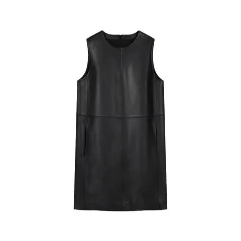Women's genuine leather dress - Spring Autumn Fashionable O Neck Straight Style Short Blac | OurHomly