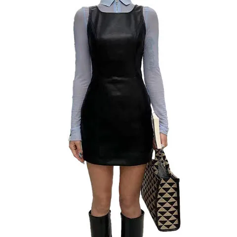Women's genuine leather dress - New Design Round Neck Slim Short Black Leather Dress for W | OurHomly