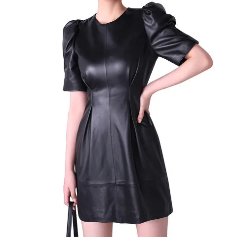 Women's genuine leather dress - New 2026 Lambskin Sweet Puff Sleeves Sheath Dress Genuine | OurHomly