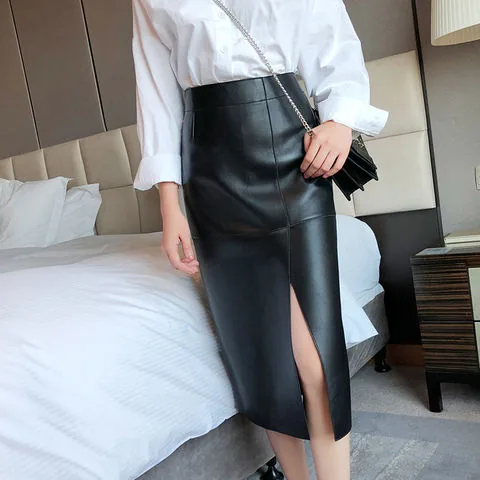 Women's genuine leather dress - Fashion Simple Straight High Split Sheepskin Long Skirt Wo | OurHomly