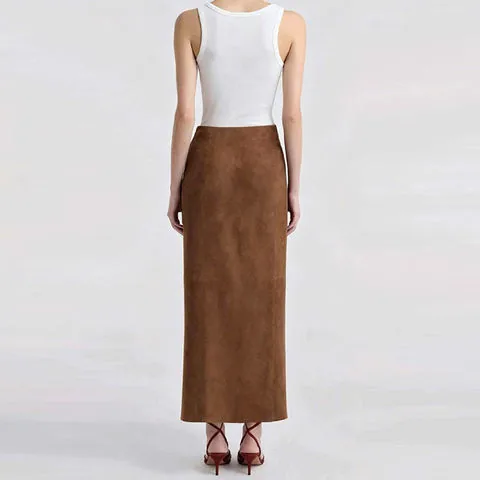 Women's genuine leather dress - HN6358 Light Coffee Suede Sheepskin Long Dress Split Desig | OurHomly
