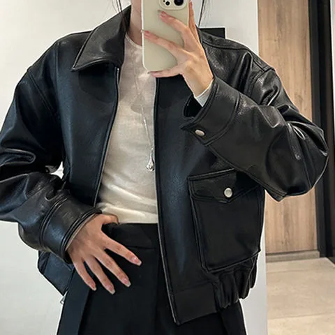 Women's genuine leather jacket - Autumn and Winter New Goat Deer Pattern Small Lapel Workwe | OurHomly