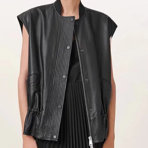 Women's genuine leather jacket - Hot Selling 2025 Leather Zipper Vest Drawstring Knitted Co | OurHomly