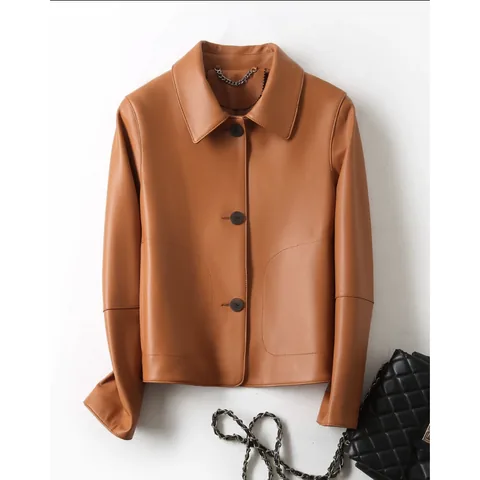 Women's genuine leather jacket - Autumn New Design Genuine Leather Jacket Long Sleeves Shor | OurHomly