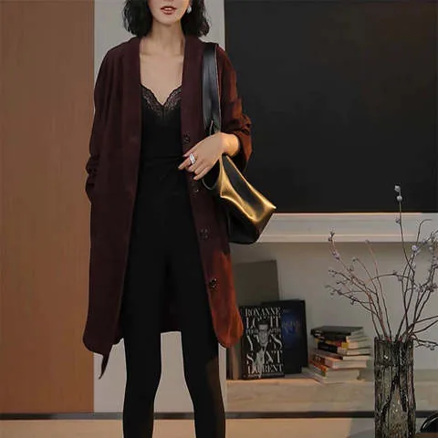 Women's genuine leather jacket - Goatskin Suede Single Breasted Lace up Minimalist Mid Leng | OurHomly