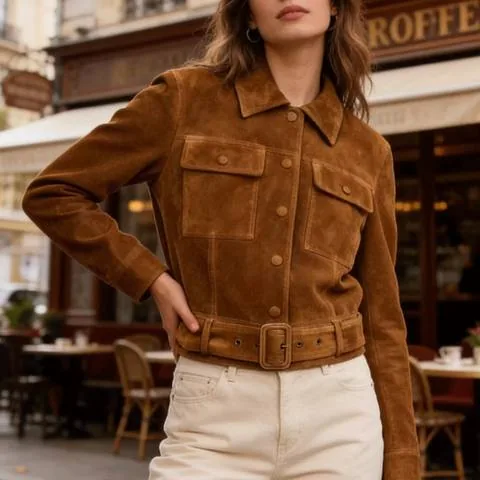 Women's genuine leather jacket - HN3184-1Waist Cinched Slim Fit Vintage European American W | OurHomly