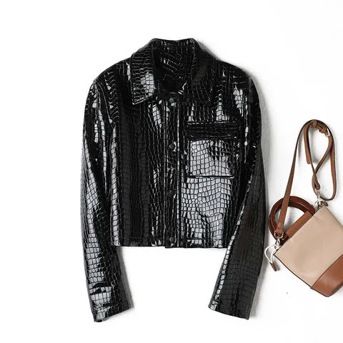 Women's genuine leather jacket - New Fashion Black Lapel Long Sleeves Genuine Sheep Leather | OurHomly