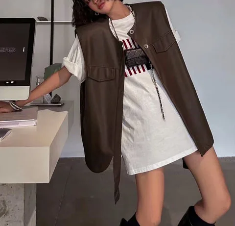 Women's genuine leather jacket - New Design Sleeveless Leather Jacket Single Breasted Loose | OurHomly