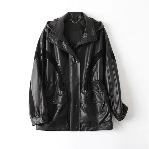 Women's genuine leather jacket - HN6143 2026 Spring Women's Oversized Hooded Vegetable-Tann | OurHomly