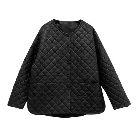 Women's genuine leather jacket - Profiled Checked Cotton Round Collar Single Breasted Genui | OurHomly