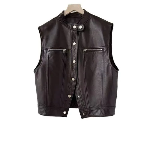 Women's genuine leather jacket - Custom New Trendy Stand Collar Covered Button Black Sleeve | OurHomly