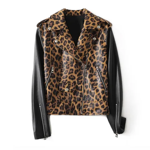 Women's genuine leather jacket - Sheepskin Genuine Leather Spliced Leopard Print Lapel Zip | OurHomly