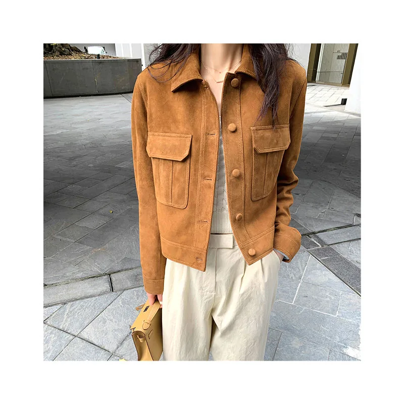 Women's genuine leather jacket - Custom Logo Single Breasted Pocket Lapel Plain Sheep Suede | OurHomly
