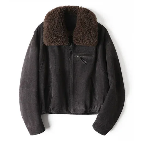 Women's genuine leather jacket - Removable Lamb Fur Collar Motorcycle Goose Down Sheepskin | OurHomly