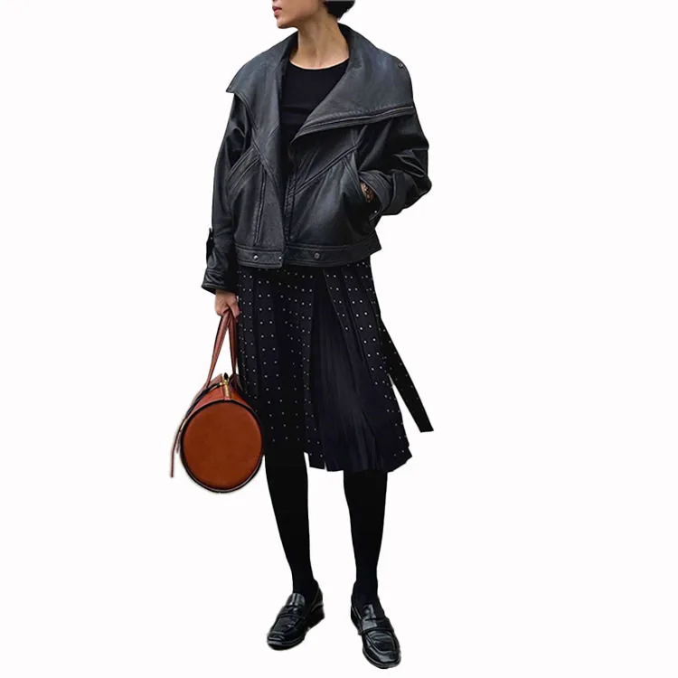 Women's genuine leather jacket - Good Quality Lapel Batwing Sleeves Black Vintage Women's M | OurHomly