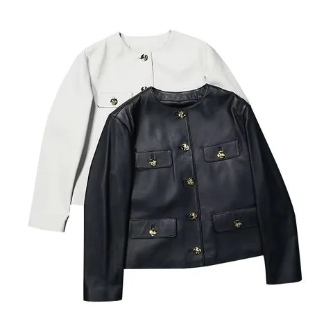 Women's genuine leather jacket - Fashion Casual Button Jacket With Large Pocket and Round C | OurHomly