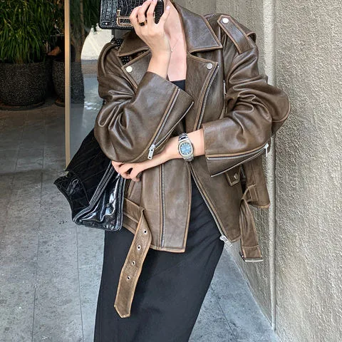 Women's genuine leather jacket - High Quality European Style Long Sleeves Loose Vintage Bro | OurHomly