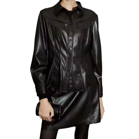 Women's genuine leather jacket - High Quality Fashion Classic Collar Covered Button Black L | OurHomly