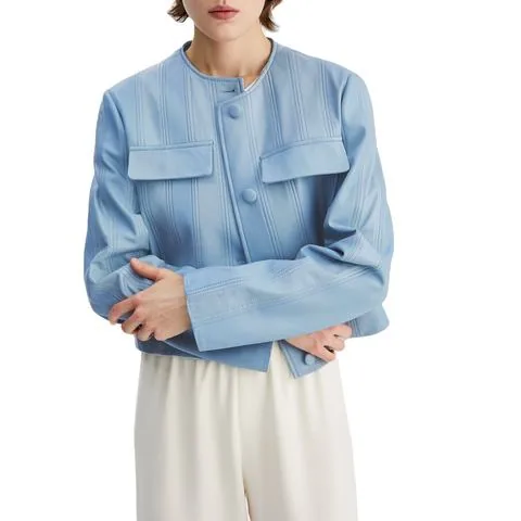 Women's genuine leather jacket - Latest Design Stylish Solid Color Long Sleeves Round Neck | OurHomly