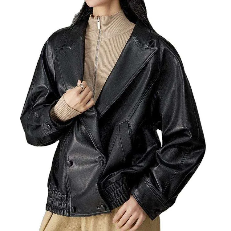 Women's genuine leather jacket - Hot Sale Street Wear Double Breasted Vintage Casual Black | OurHomly