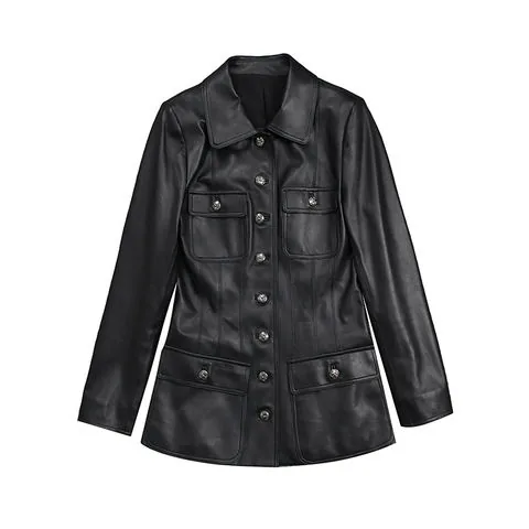 Women's genuine leather jacket - Elegant Style Baby Collar Genuine Leather Sheepskin Long S | OurHomly