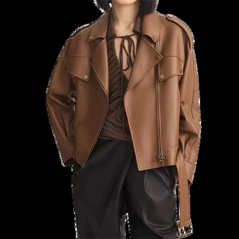 Women's genuine leather jacket - Motorcycle Leather Jacket Women's Short Brown Black Sheep | OurHomly