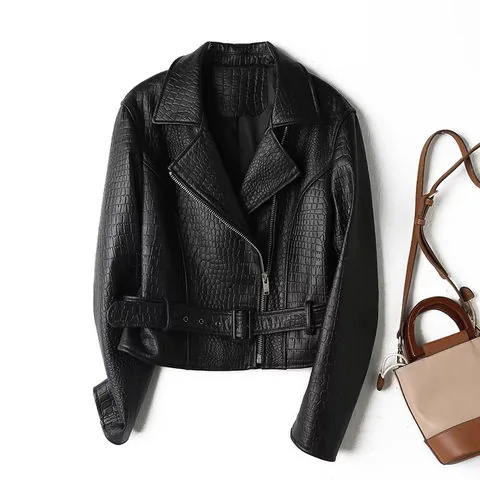 Women's genuine leather jacket - Custom Street Style Luxury Design Crocodile Grain Zipper L | OurHomly