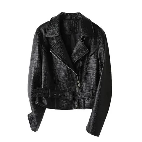 Women's genuine leather jacket - Spring Autumn Solid Color Turn Down Collar Long Sleeves La | OurHomly