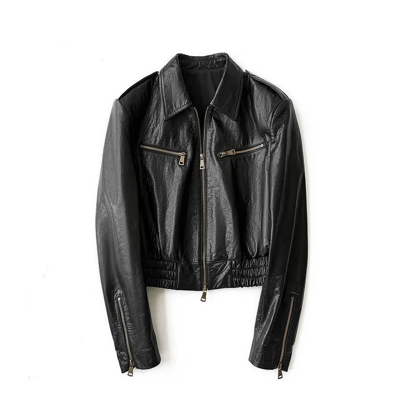 Women's genuine leather jacket - Custom Logo Latest Design Full Sleeve Black Genuine Leathe | OurHomly