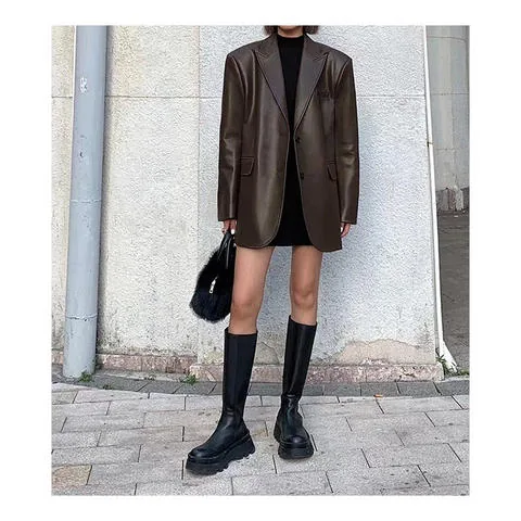 Women's genuine leather jacket - Fashion 4101 Ladies Leather Jacket Solid Color Pocket Casu | OurHomly