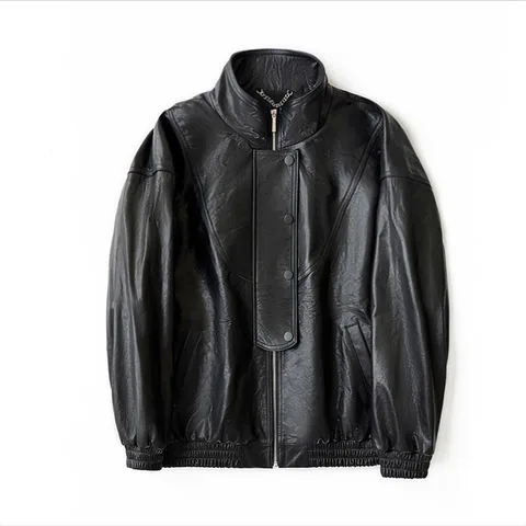 Women's genuine leather jacket - High Quality Bomber Cow Leather Jacket Vintage Mock Neck Z | OurHomly