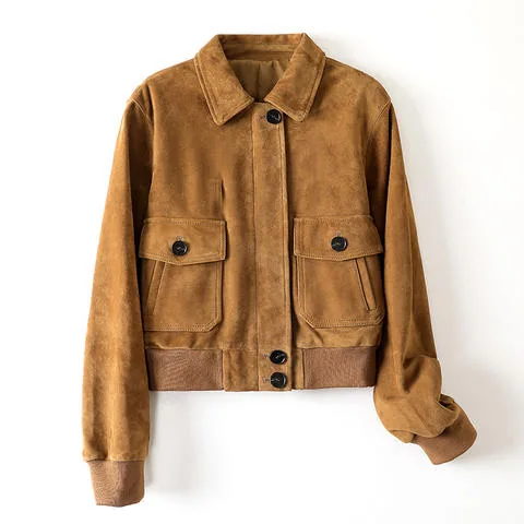 Women's genuine leather jacket - Autumn and Winter New Goat Leather Suede Suede Lapel Pocke | OurHomly