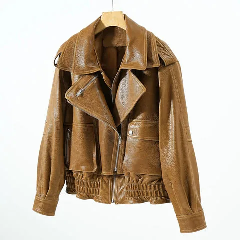 Women's genuine leather jacket - Retro Double Collar Sheepskin Lychee Patterned Foam Leathe | OurHomly