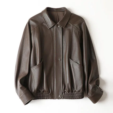 Women's genuine leather jacket - Autumn New Lychee Patterned Casual Silhouette Long Sleeved | OurHomly