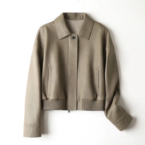 Women's genuine leather jacket - New Sheepskin Heavy-duty Woven Lychee Pattern Buckle Zippe | OurHomly