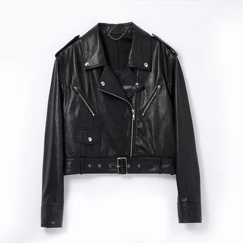 Women's genuine leather jacket - Sheepskin Retro Versatile Lapel Fashion Casual Zip Biker G | OurHomly