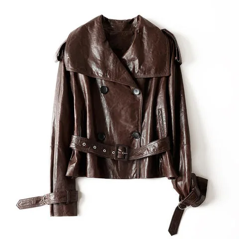 Women's genuine leather jacket - Autumn and Winter New Sheepskin Double Breasted Lace up Sh | OurHomly