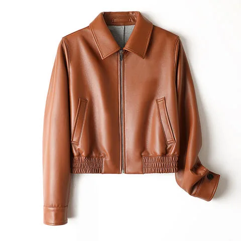 Women's genuine leather jacket - Sheepskin Yellow Brown Lapel Zipper Simple Style Short Wom | OurHomly