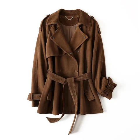 Women's genuine leather jacket - Genuine Leather Suede Lapel Double Row Buckle Tied Waist M | OurHomly