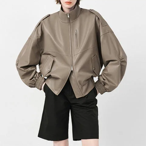 Women's genuine leather jacket - New Autumn Winter Sheepskin American Retro Stand up Collar | OurHomly