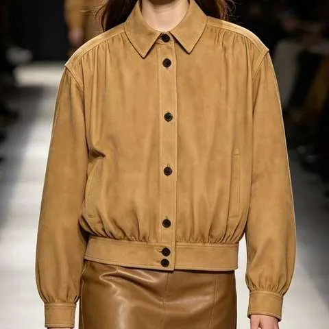 Women's genuine leather outerwear - HN662 Retro Genuine Leather Light Camel Solid Suede Goatsk | OurHomly