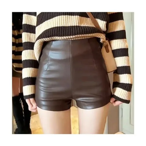Women's genuine leather outerwear - Ladies Stylish Sexy Leather Shorts Solid Color Casual Tigh | OurHomly