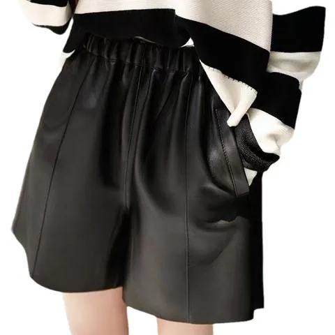 Women's genuine leather outerwear - Custom Leather Shorts Elegant Solid Color Women High Waist | OurHomly