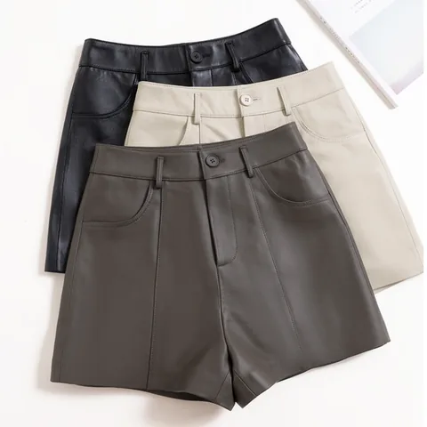 Women's genuine leather outerwear - Spring Summer Real Leather Shorts Women's Casual High Wais | OurHomly