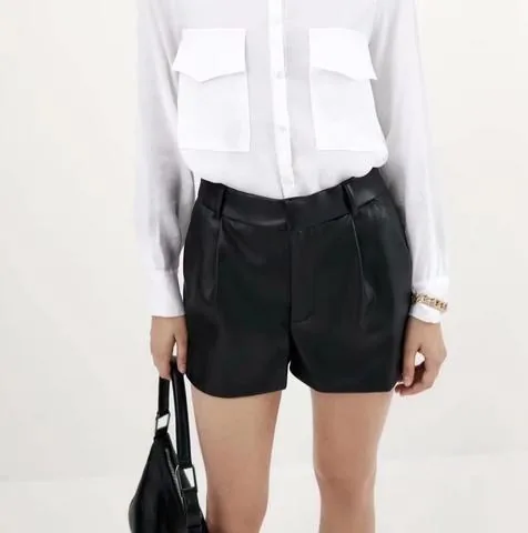 Women's genuine leather outerwear - Spring New Design High Waist Solid Color Pleated Real Leat | OurHomly