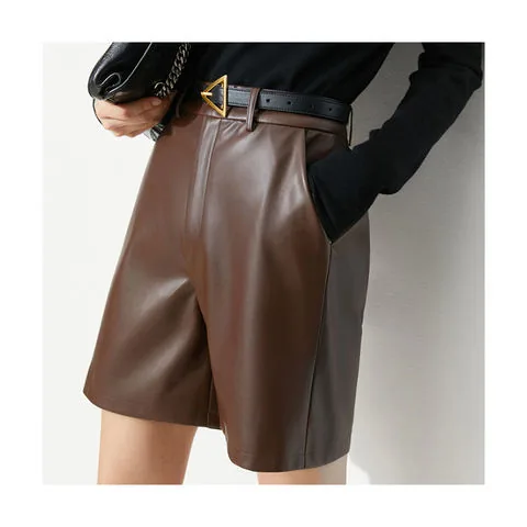 Women's genuine leather outerwear - Customized Leather Shorts Women Street Style Solid Color C | OurHomly