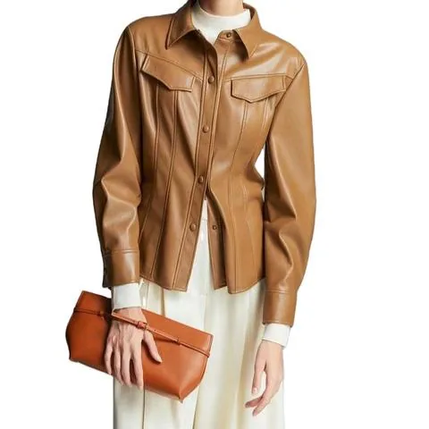 Women's genuine leather outerwear - Women Fashion Covered Button Long Sleeves Slim Casual Real | OurHomly